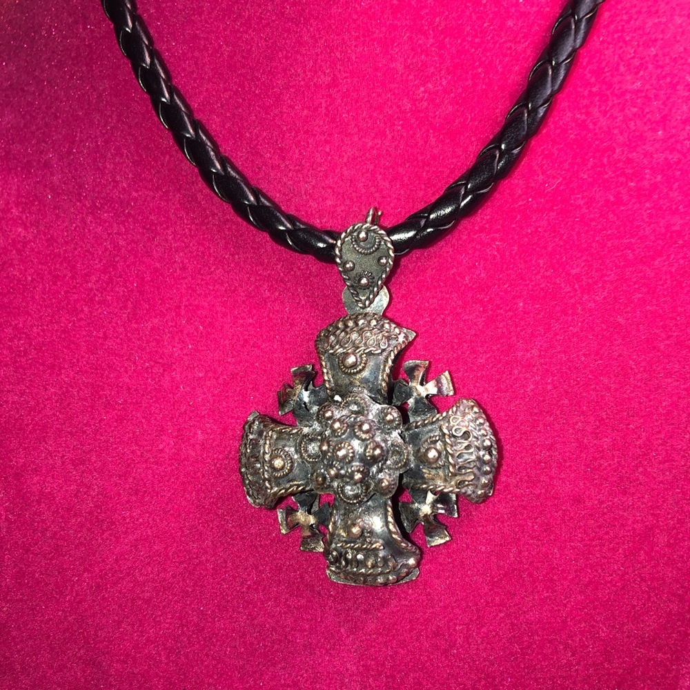 Sterling Silver 925 VINTAGE Mexico - Jerusalem Maltese Cross with Leather Chain